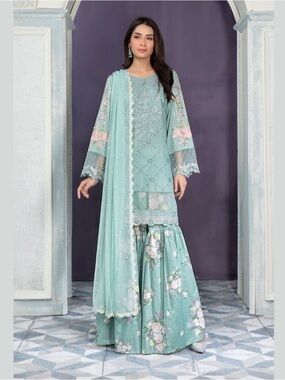 Maria B Luxury Embroidered 3 Piece Set Mint Green Salwar Kameez Suit Size [M]